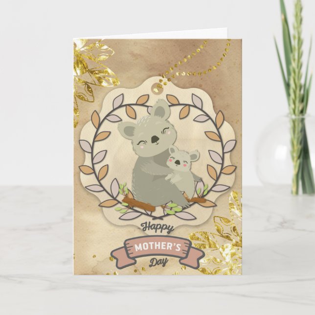 Tarjeta Feliz Día de la Madre Divertido Oso y Bebé Koala (Anverso)