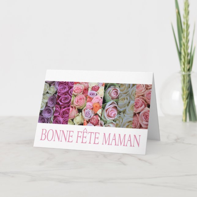 Tarjeta Feliz Día de la Madre en francés, rosas mixtos pas (Anverso)