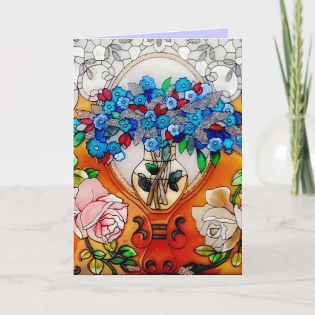 Tarjeta Feliz Día de la Madre Flores de vidrio manchado en (Anverso)