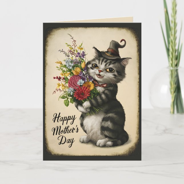 Tarjeta Feliz Día de la Madre Gato Antiguo Adorable (Anverso)