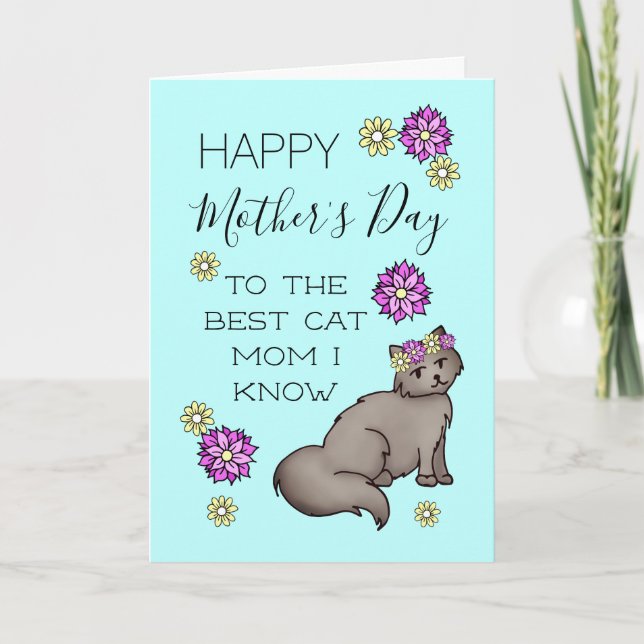 Tarjeta Feliz Día de la Madre Gato Mamá Floral (Anverso)