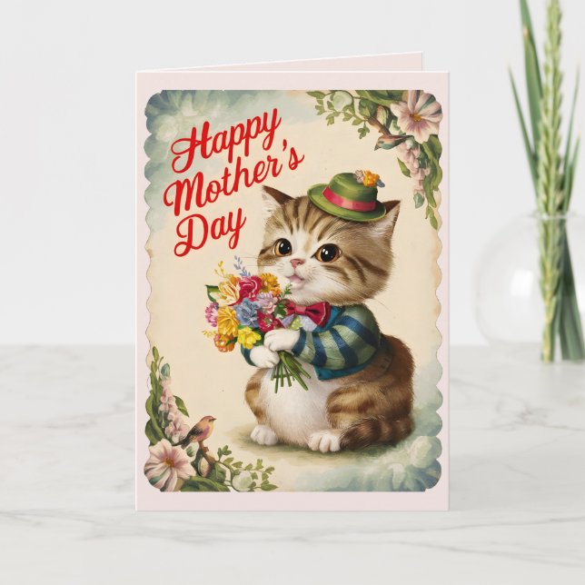 Tarjeta Feliz Día de la Madre Gato personalizado de cosech (Anverso)