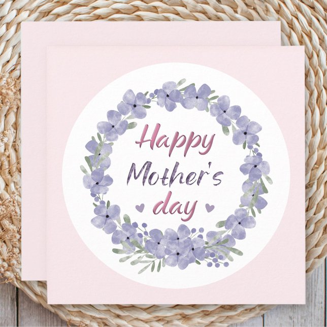 Tarjeta Feliz Día de la Madre Guerrilla Floral Púrpura Ros (Happy Mother's Day Purple Pink Floral Wreath Card)