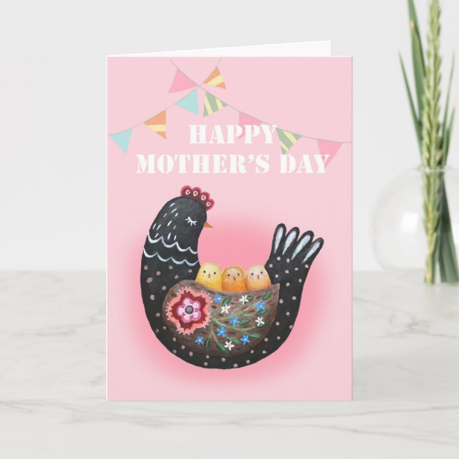 Tarjeta Feliz Día de la Madre Hen Pollo madre de tres hijo (Anverso)
