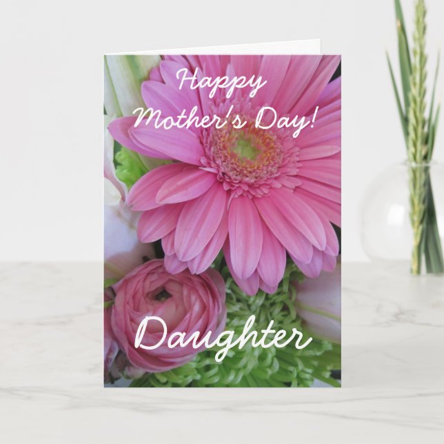 Tarjeta Feliz Día de la Madre, hija-floral rosa (Anverso)