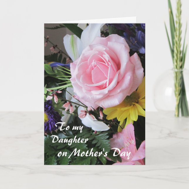 Tarjeta Feliz Día de la Madre, hija-floral rosa (Anverso)