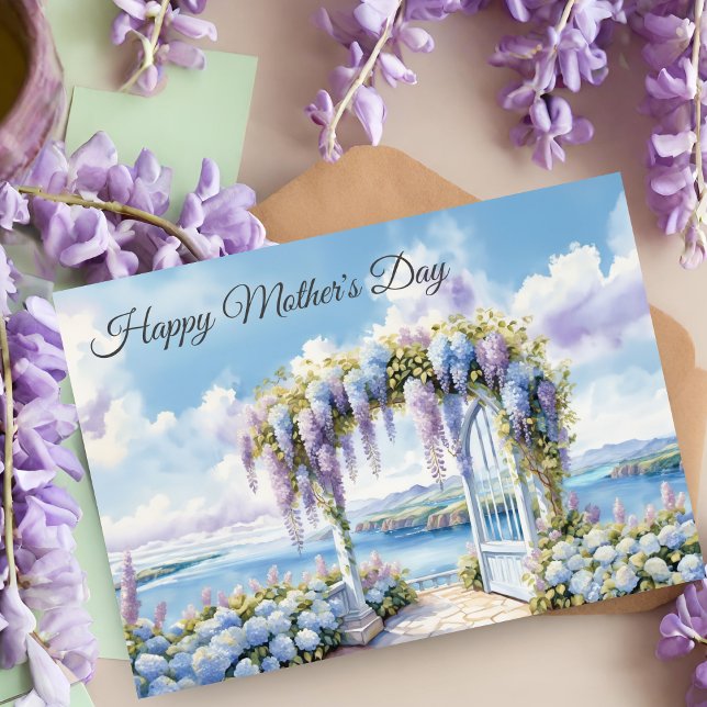 Tarjeta Feliz Día de la Madre Jardín de la Wisteria (A lovely card for a Mom who loves flowers, enchanting gardens and the seaside. )