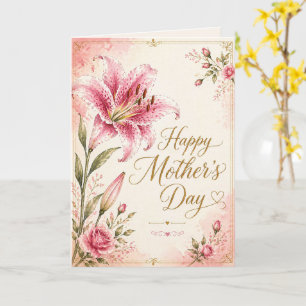 Tarjeta Feliz Día de la Madre Lirio Rosa Floral Acuarela