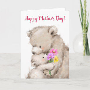 Tarjeta Feliz Día de la Madre, madre e hijo se abrazan
