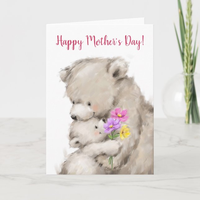 Tarjeta Feliz Día de la Madre, madre y cría de oso abrazán (Anverso)
