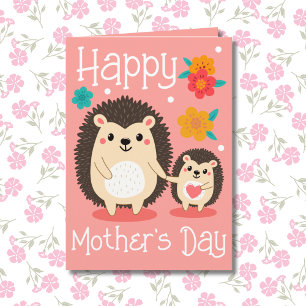 Tarjeta Feliz Día de la Madre Mamá y Bebé Erizo