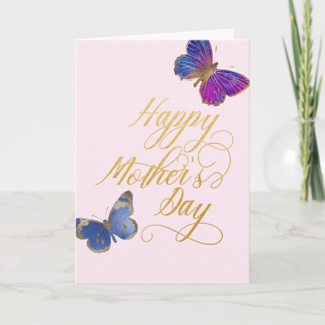 Tarjeta Feliz Día de la Madre Mariposa Bonito Rosa de Oro (Anverso)