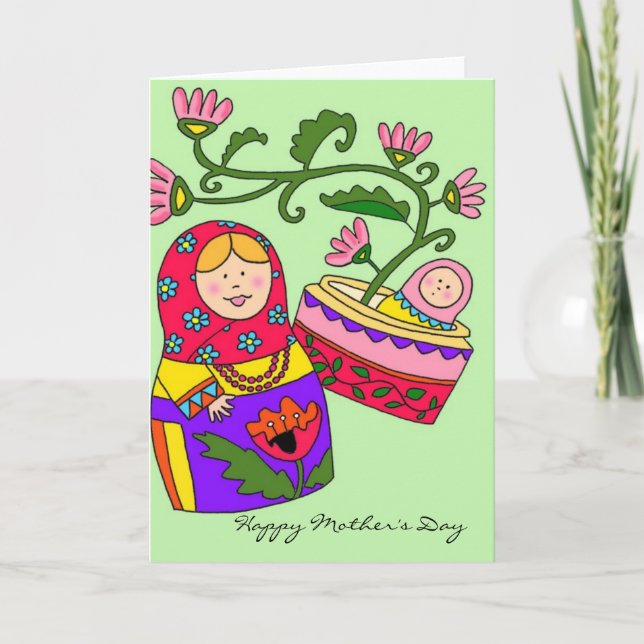 Tarjeta Feliz Día de la Madre Matryoshka Arte folclórico u (Anverso)