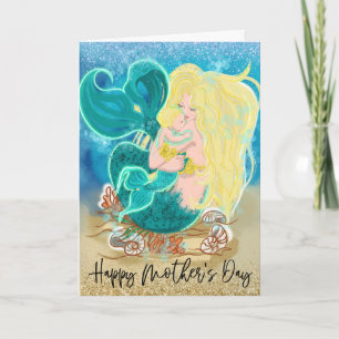 Tarjeta Feliz Día de la Madre Niña Sirena Brillante