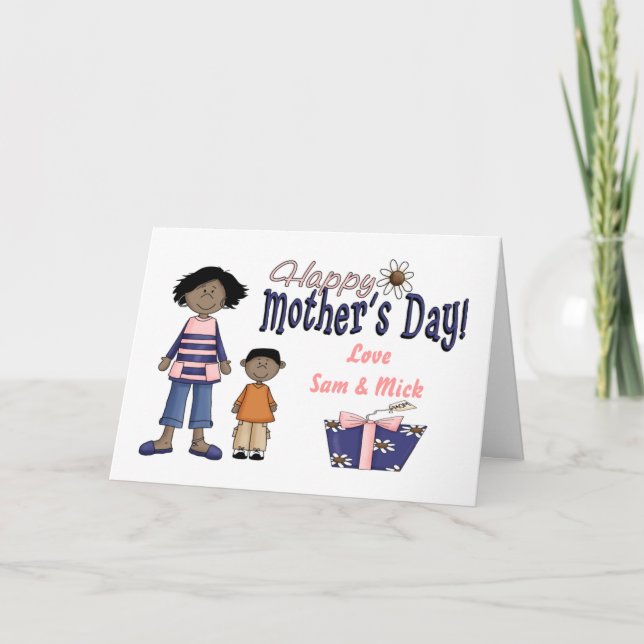 Tarjeta Feliz Día de la Madre - Niños y presentes (Anverso)