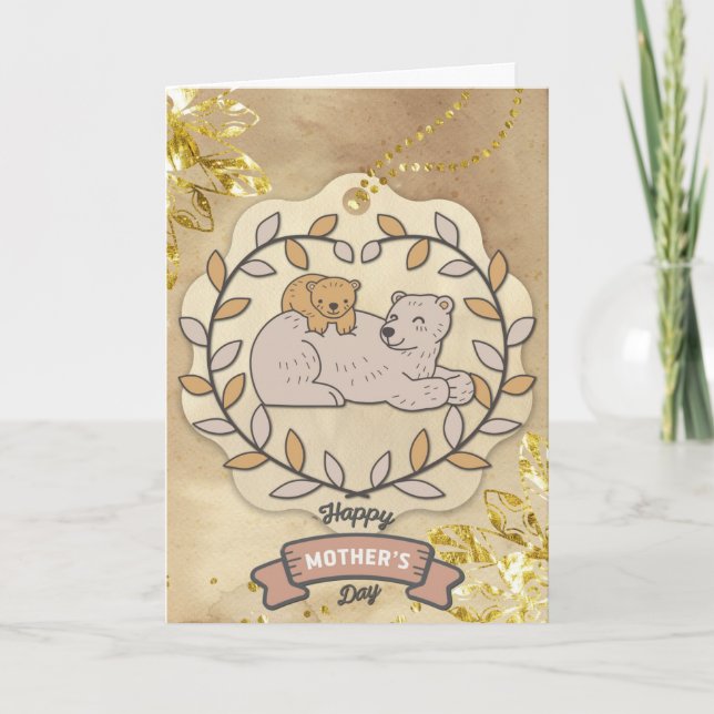 Tarjeta Feliz Día de la Madre Oso y Copa de Diversión (Anverso)