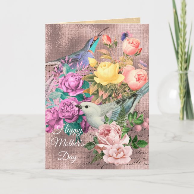 Tarjeta Feliz Día de la Madre, pájaros, Rosas y mariposas (Anverso)
