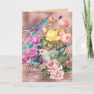 Tarjeta Feliz Día de la Madre, pájaros, Rosas y mariposas