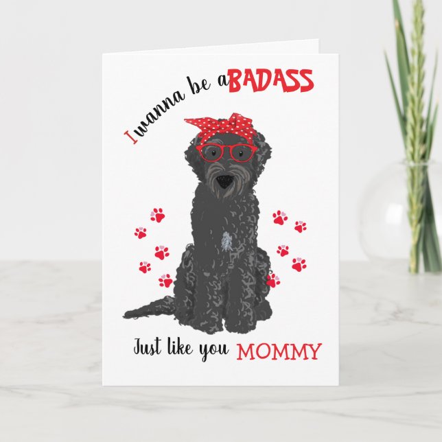 Tarjeta Feliz Día de la Madre Perro Labradoodle Negro Malo (Anverso)
