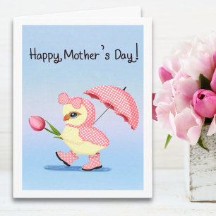 Tarjeta Feliz Día de la Madre Pollito en la Lluvia