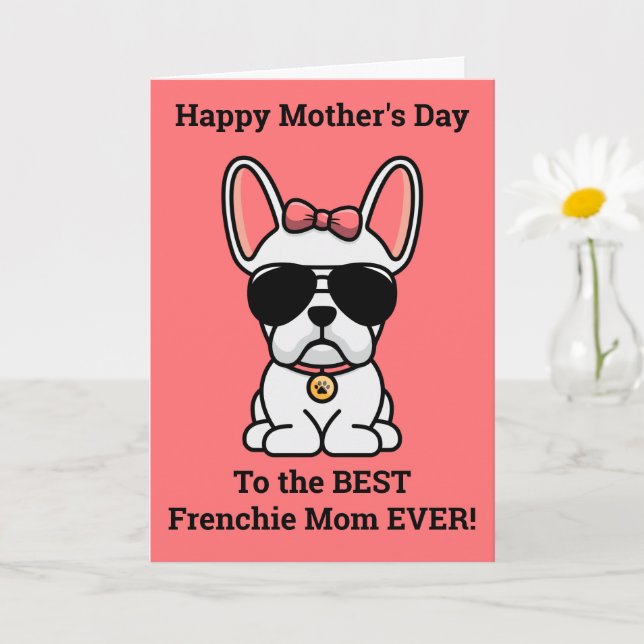 Tarjeta Feliz Día de la Madre por el perro blanco francés (Planta pequeña)