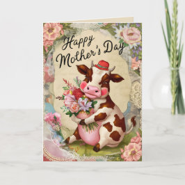 Tarjeta Feliz Día de la Madre Retro Vaca Vintage