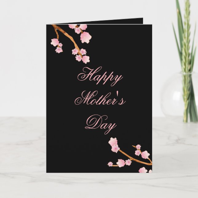 Tarjeta Feliz día de la madre, rosa y floral negra (Anverso)