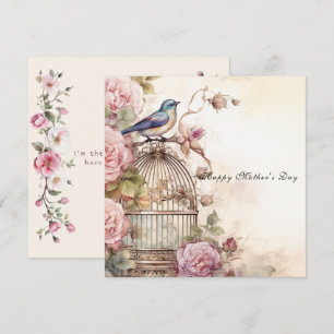 Tarjeta Feliz Día de la Madre Rosas Rosadas Pájaro Azul