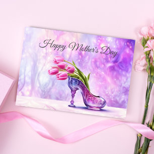 Tarjeta Feliz Día de la Madre Tulipanes rosados en zapatil