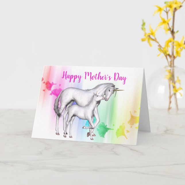 Tarjeta Feliz Día de la Madre | Unicornio con su bebé (flor amarilla)