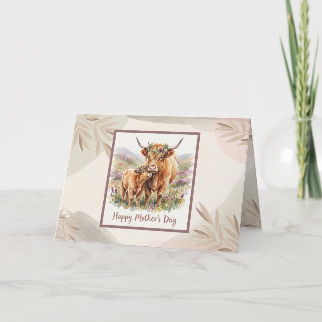 Tarjeta Feliz Día de la Madre Vaca Highland Neutral Boho (Anverso)