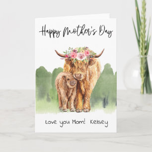 Tarjeta Feliz Día de la Madre, vaca y ternera en la Highla