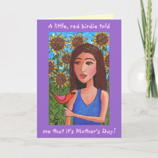 Tarjeta Feliz Día de la Madre y la pequeña, pajarita roja