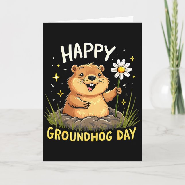 Tarjeta Feliz Día de la Marmota Con Flor  (Anverso)