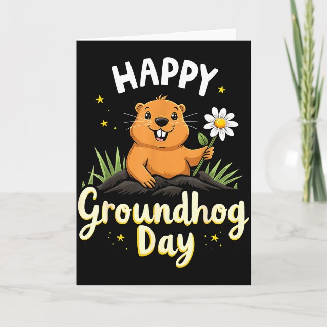Tarjeta Feliz día de la marmota con flor _1  (Anverso)