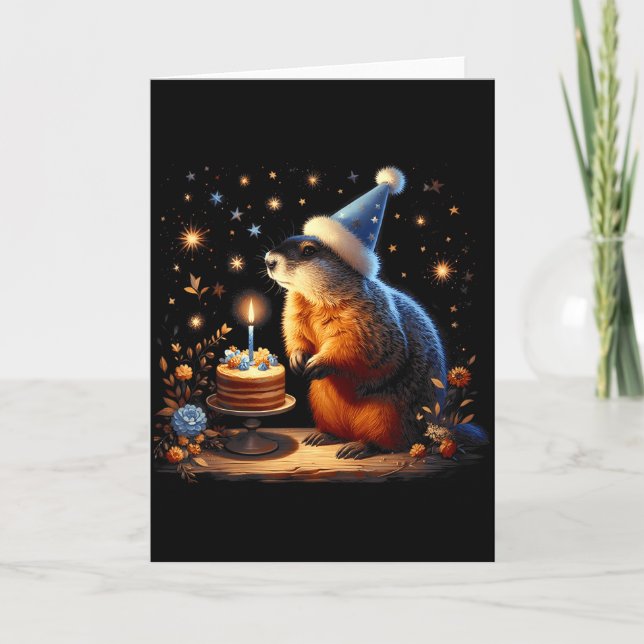 Tarjeta Feliz día de la marmota con pastel de cumpleaños  (Anverso)