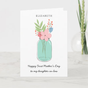 Tarjeta Feliz Día de la Primera Madre, hija de Mason Jar e