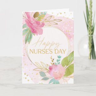 Tarjeta Feliz Día de las Enfermeras Pink Florals Gold y Gr