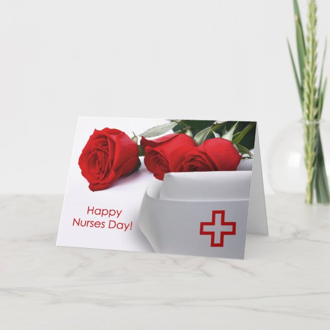 Tarjeta Feliz Día de las Enfermeras. Roses rojos y tapón d (Anverso)