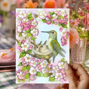Tarjeta Feliz Día de las Madres Colibrí Flores Rosadas