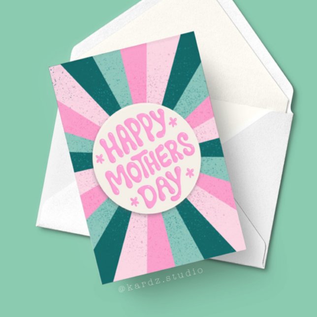 Tarjeta Feliz Día de las Madres, Green Pink Sunburst (Card shown in 5x7 inch. find same card with a template to easily add message and name in collection.)