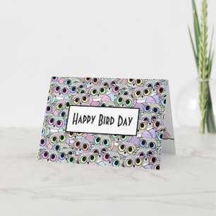 Tarjeta Feliz Día de los Aves, divertidos búhos de cumplea