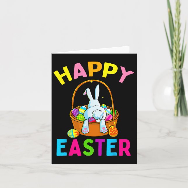 Tarjeta Feliz Día de Pascua Bunny cazando huevos de chocol (Anverso)