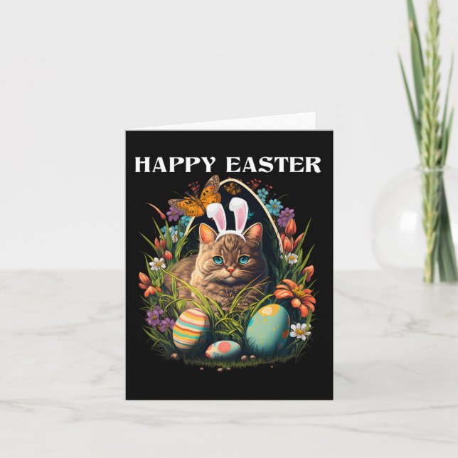 Tarjeta Feliz Día de Pascua Conejito Gato Huevos Cesta Hom (Anverso)