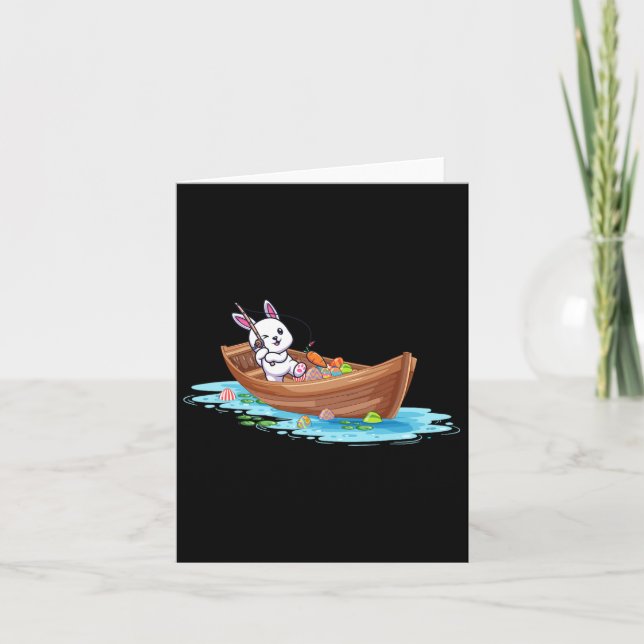 Tarjeta Feliz Día de Pascua, conejito pescador, niños homb (Anverso)