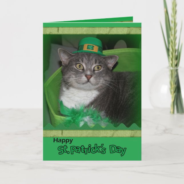 Tarjeta Feliz Día de San Patricio con gato (Anverso)