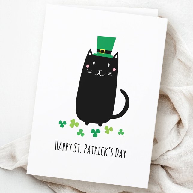 Tarjeta Feliz día de San Patricio con gato negro (Happy St. Patrick's day card with black cat)