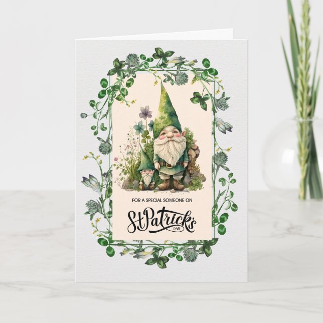 Tarjeta Feliz Día de San Patricio. Gnomes irlandeses (Anverso)