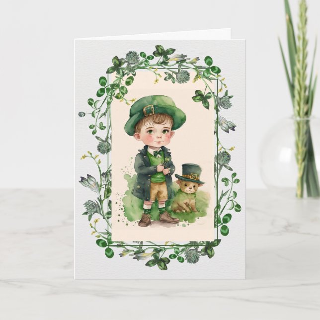 Tarjeta Feliz Día de San Patricio. Niño Irlandés (Anverso)