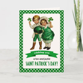Tarjeta Feliz Día de San Patricio. Niños irlandeses vintag